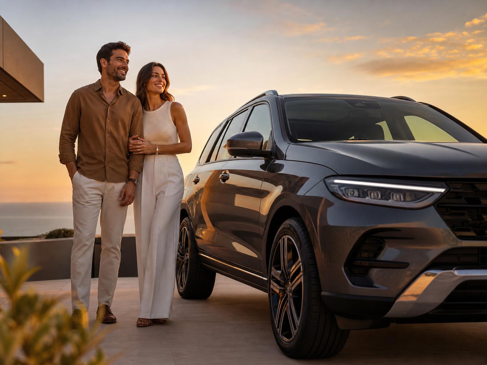 Casal sorrindo ao lado de um SUV moderno em ambiente sofisticado ao pôr do sol — conquista e estilo de vida